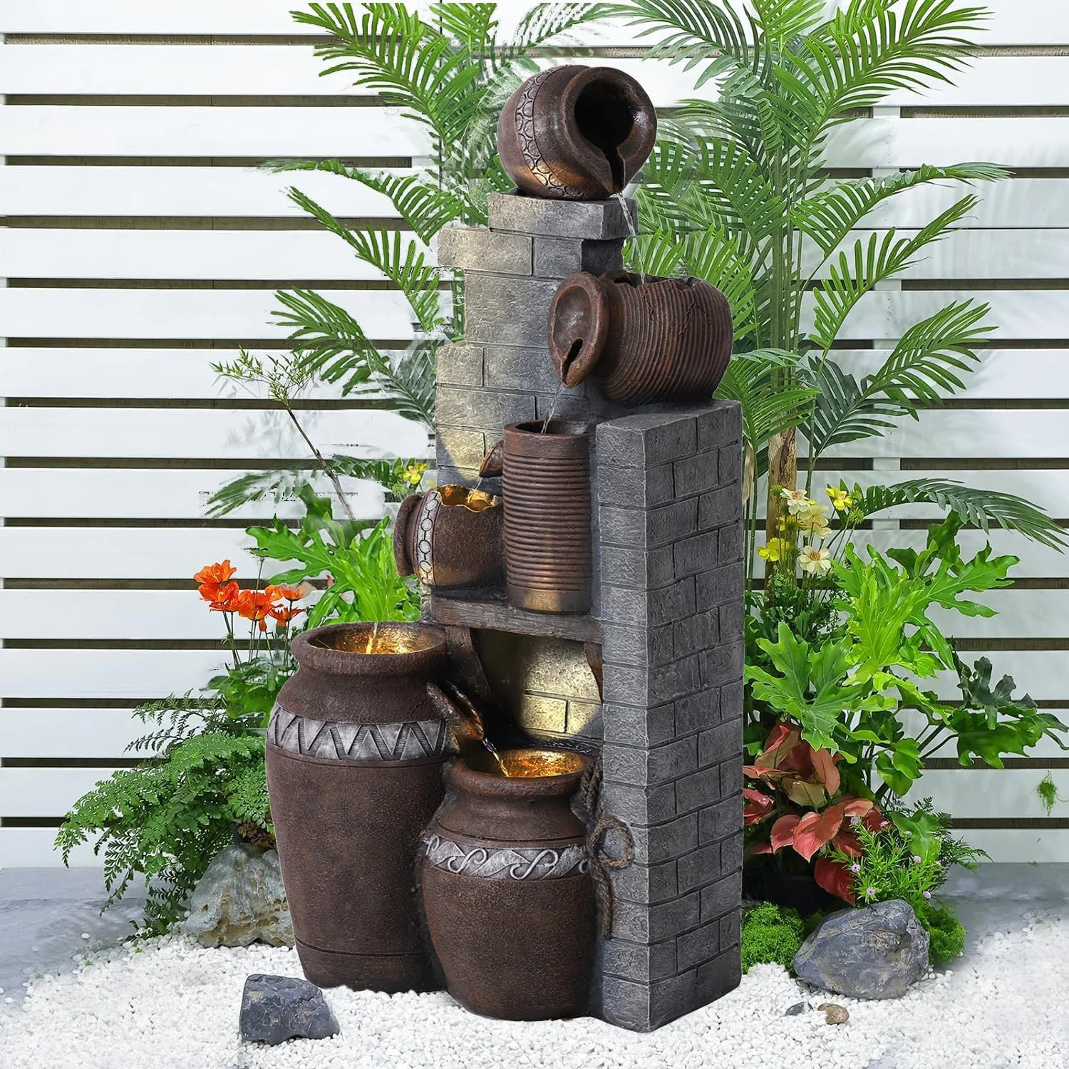 Haverchair 39.3" Outdoor Water Fountain with LED Lights 5 Tiers Modern Cascading Large Outdoor Fountain with Lights for Garden, Patio, Backyard, Deck