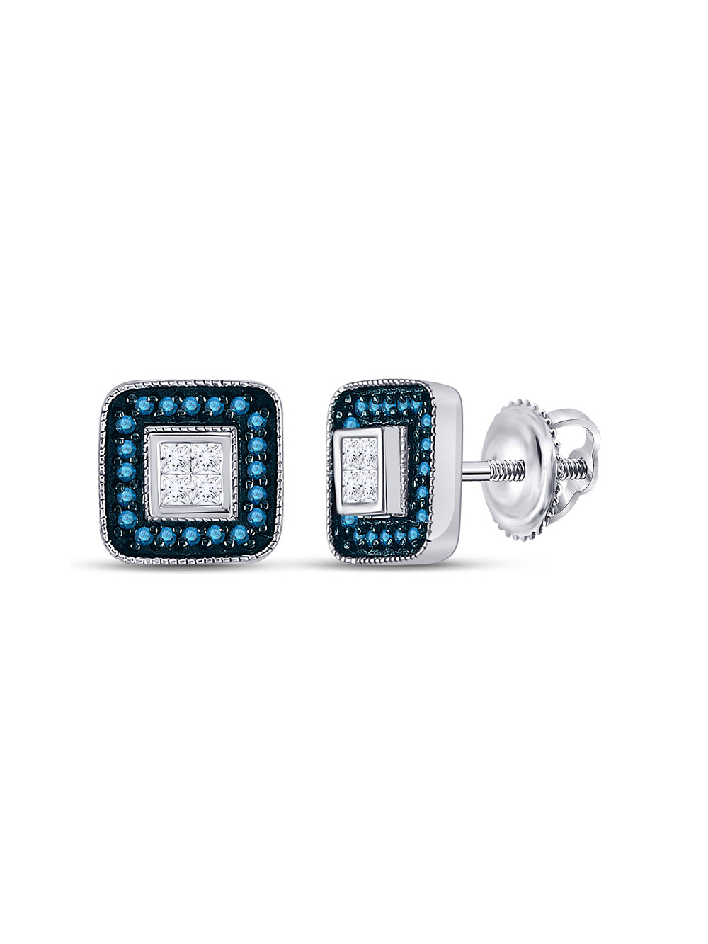 FB Jewels 10kt White Gold Womens Round Blue Color Enhanced Diamond Square Cluster Earrings 1/3 Cttw