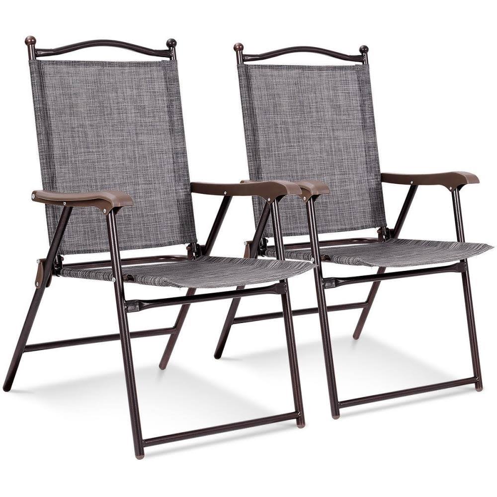 Clihome 2-Pieces Gray Steel Frame Patio Folding Sling Back Camping Deck Chairs | CWCH-OP3568-2GR