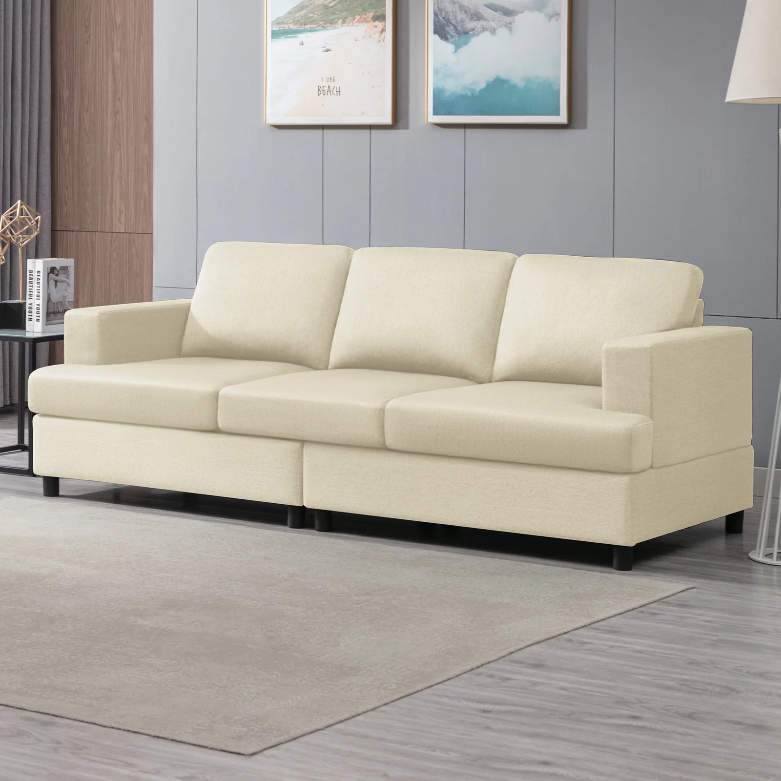MUZZ Fabric 3-Seater Sofa, 90.1" Modern Sofa Furniture, Upholstered Sofa Couch for Living Room, Bedroom (Sofa, Beige)