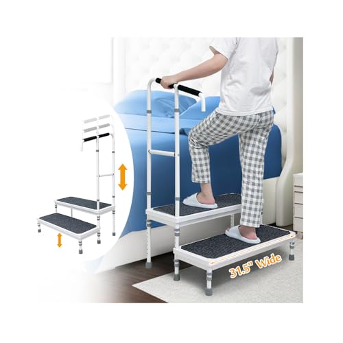 Bedside Steps for High Beds Assist Rail Medical Step Stool with Handle for Elderly Adults Bed Stairs Adjustable Step Platform Mobility Stepping Foot