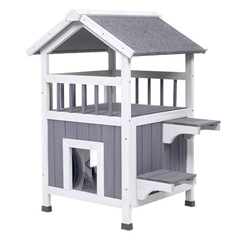 GEGURI Outdoor Cat House Weatherproof, Wooden Two-Story Feral Cat Shelter with Openable Roof, Escape Door, Balcony