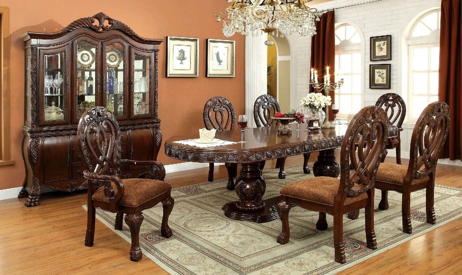 Royal Formal Cherry Solid wood 7pc Dining Set Dining Table w Leaf 2x Arm Chairs 4x Side Chairs Kitchen Breakfast Pedestal Base - Radiant Selections