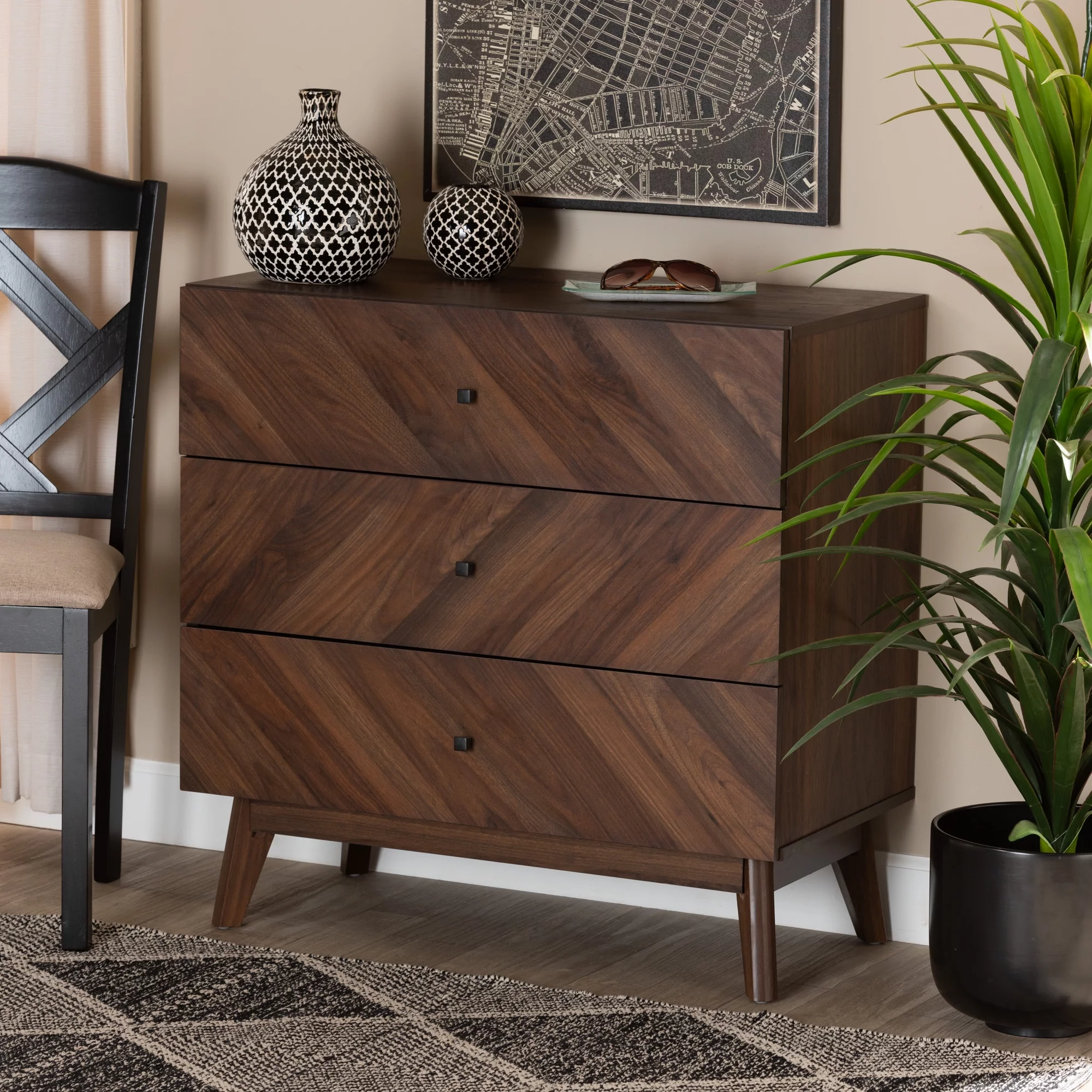 Baxton Studio Hartman Mid-Century Modern Walnut Brown Finished Wood 3-Drawer Storage Chest