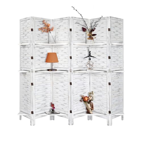 Bonnlo 6 Panels Wood Room Divider with Shelves, 6 FT Height Folding Privacy Screens, Indoor Freestanding Room Partition Wall Divider