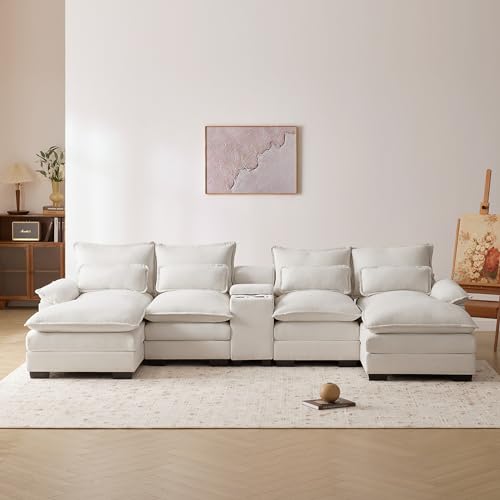 123" U Shaped Modular Sectional Sofa with Console,Cupholders and USB Ports,6-seat Velvet Indoor Furniture