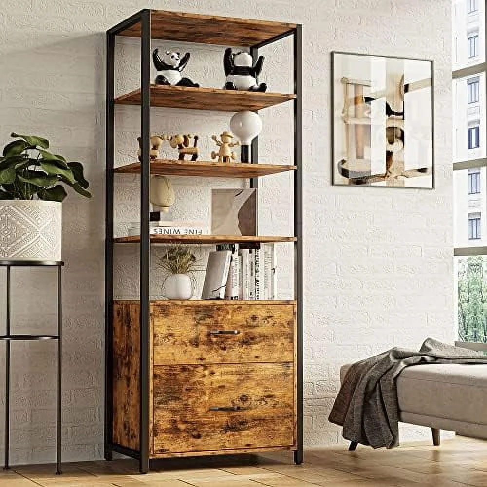 HOOMHIBIU Industrial Bookcase with File Cabinet Drawers  71.6 in Tall Bookshelf 5 Tier  Freestanding  Home Office Cabinet Organizer  Rustic Home