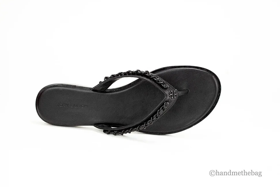 Tory Burch Everly Black Leather Chain Flip Flop Sandals - Radiant Selections