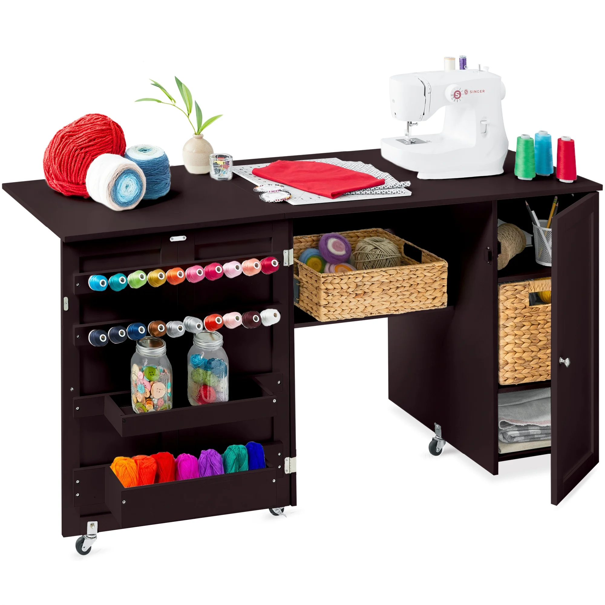 Best Choice Products Large Portable Multipurpose Folding Sewing Table w/ Magnetic Doors, Craft Storage - Brown