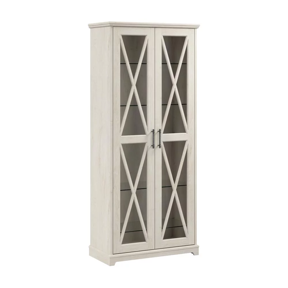 Bush Lennox Engineered Wood Curio Cabinet with Glass Doors in Linen White Oak - Curated Treasures Market