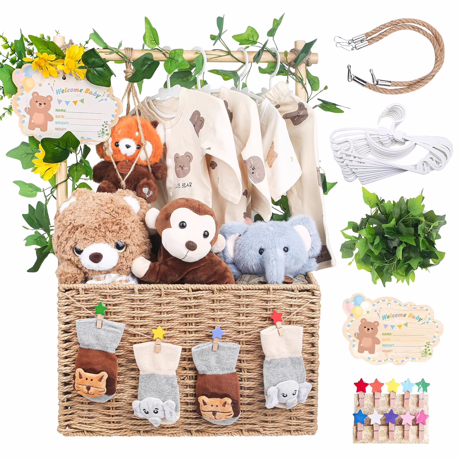 Wooden Woven Baby Shower Crate – Foldable Storage Basket with Handles, Handwoven Gift Box for Baby Shower &amp; Newborn Essentials