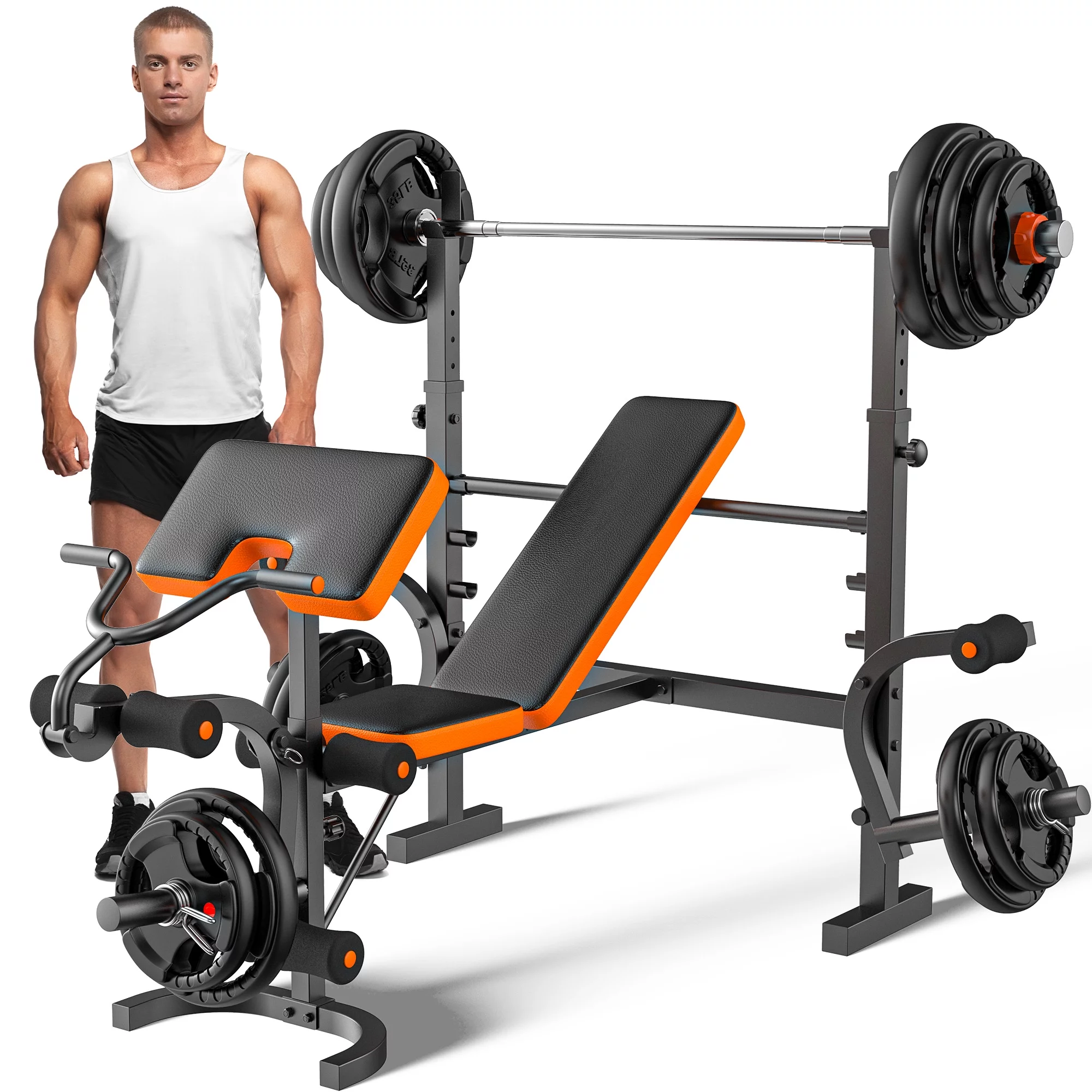 GIKPAL 660lb 6-in-1 Adjustable Weight Bench with Multi-Purpose Workout Bench Set With Barbel Rack and Leg Developer for Full Body Function Strength