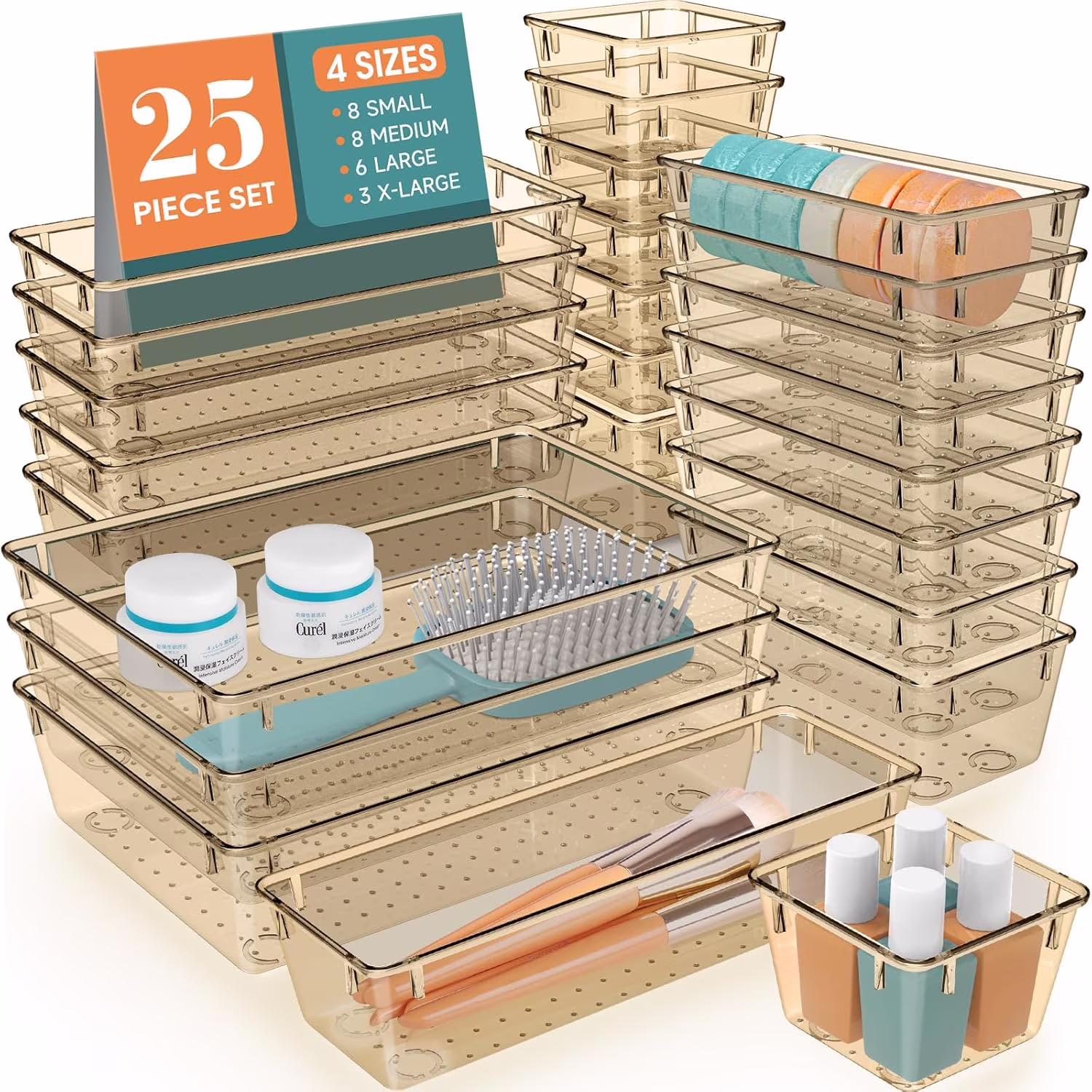 25 Pieces Clear Plastic Drawer Organizer Set, 4 Sizes Desk Drawer Divider Organizers and Storage Bins for Makeup, Jewelry, Gadgets in Kitchen