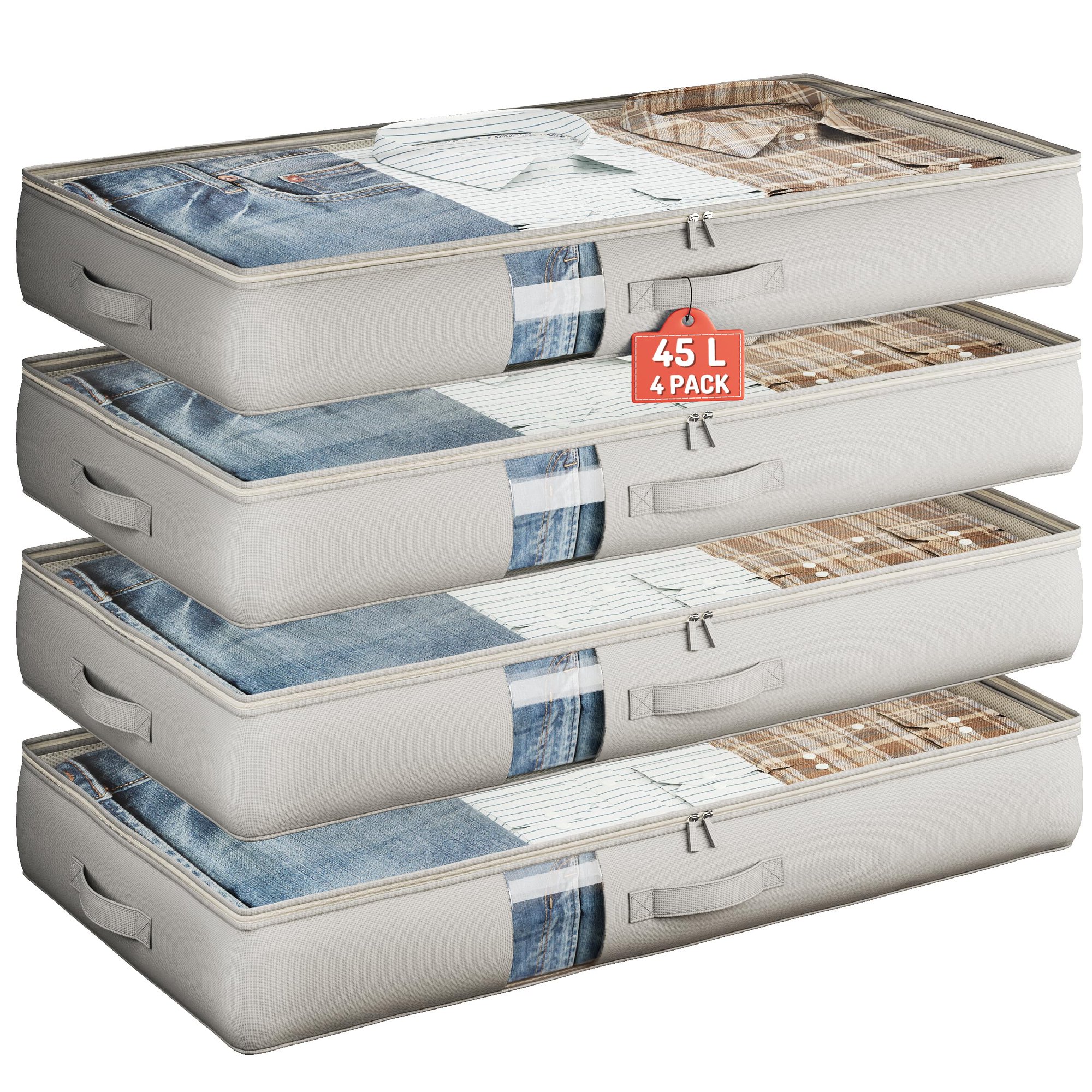 Underbed Storage Containers with View Window, Space Saving Organizer Bags for Blankets Comforters Sheets, Heavy Duty Cotton Linen Fabric, 4 Pack Grey