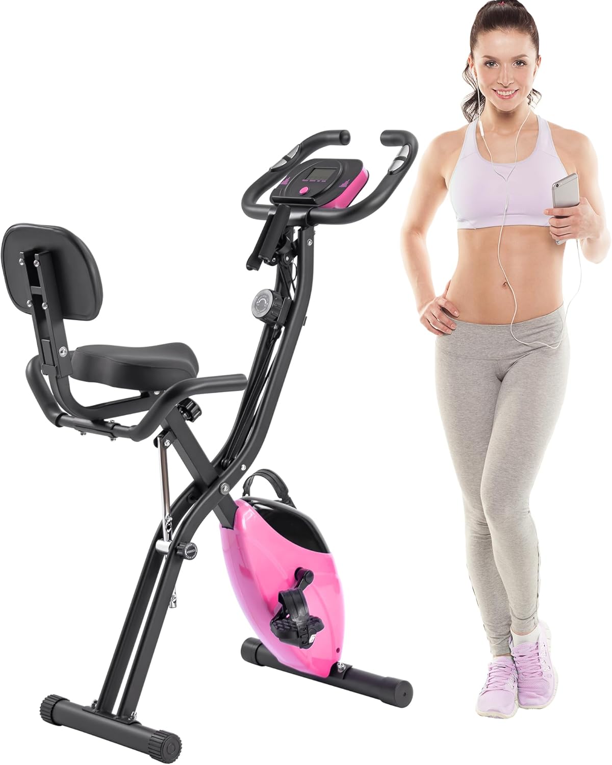Folding Exercise Bike, Fitness Upright and Recumbent X-Bike with 10-Level Adjustable Resistance, Arm Bands and Backrest
