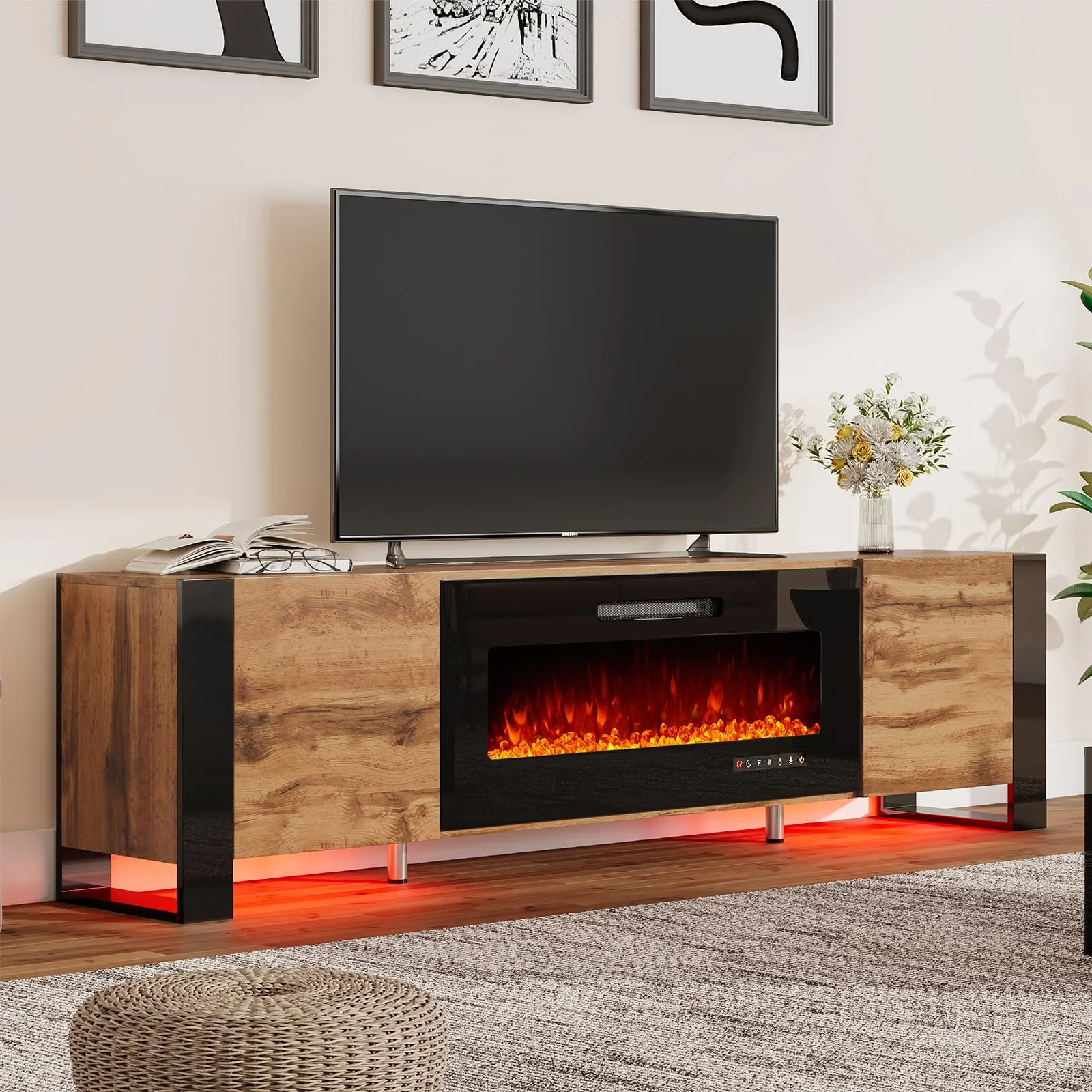 AMERLIFE Fireplace TV Stand, 80" Entertainment Center LED Lights, Rustic Oak