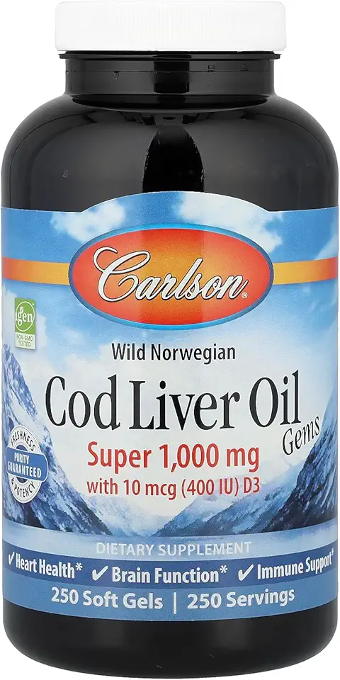 Carlson - Cod Liver Oil Gems, Super 1000 mg, 250 mg Omega-3s, 400 IU (10 mcg) Vitamin D3, Wild Caught Norwegian Arctic Cod Liver Oil