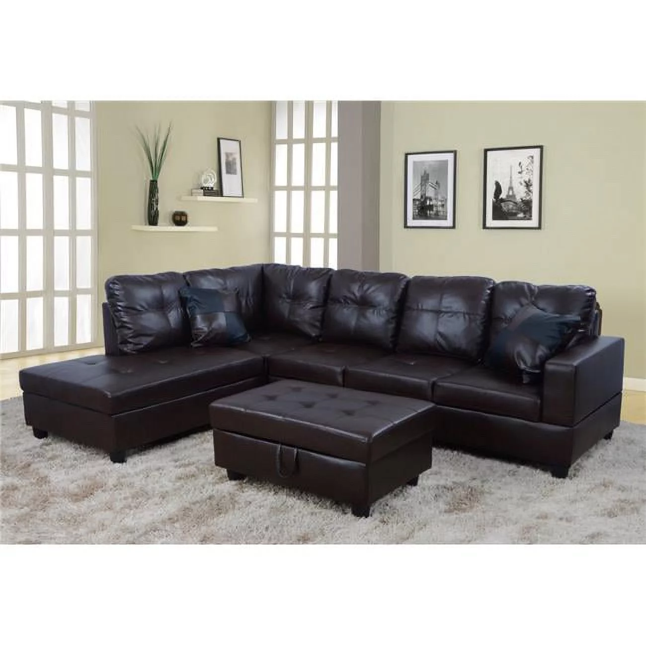 Left Facing Sectional Sofa Set - Faux Leather, Brown - 3 Piece