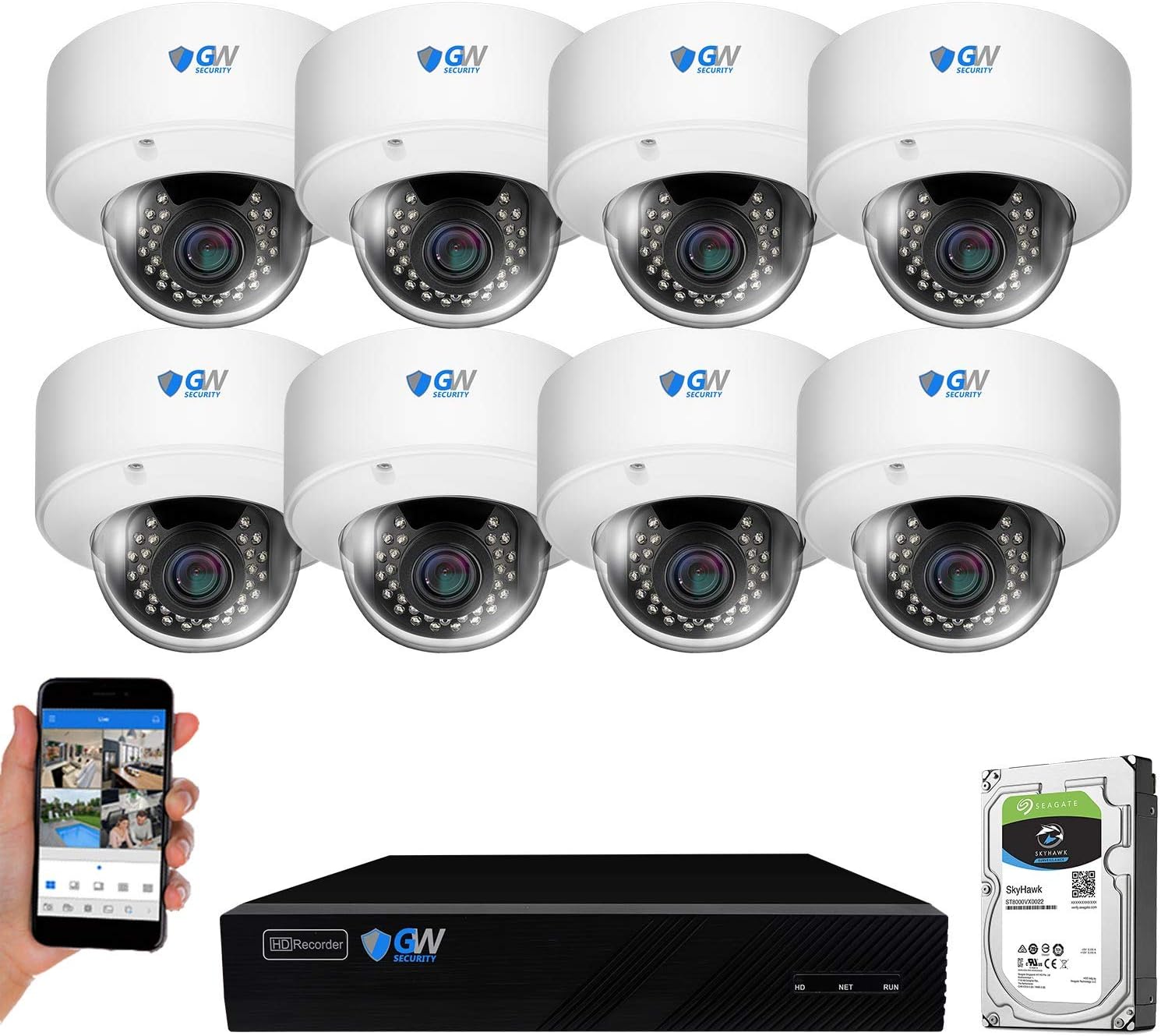 GW Security 8 Channel 4K NVR 5MP H.265 Video & Audio Security Camera System - 8 x Dome 5MP 1920P Weatherproof 2.8-12mm Varifocal Zoom IP PoE Cameras