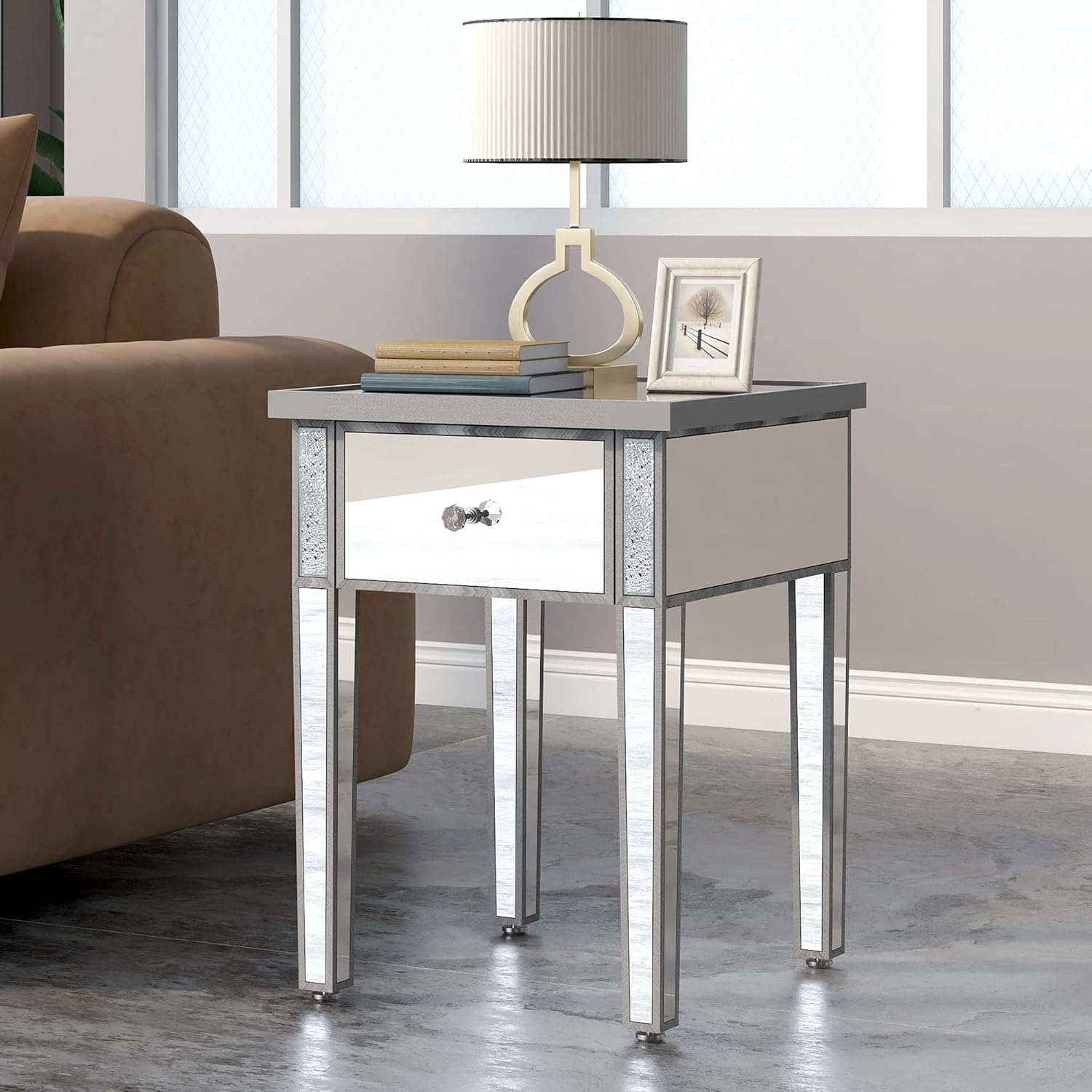 Modern Glass Mirrored End Table with Drawer, Corner Table with Crystal Handles and Adjustable Height Legs for Living Room, Silver
