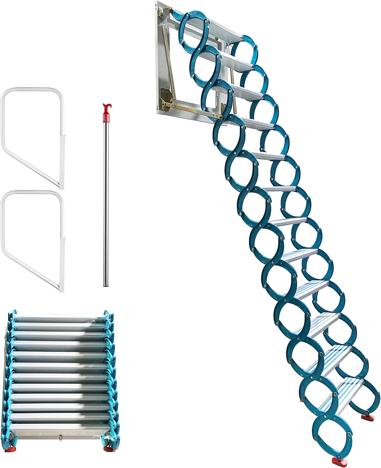 TECHTONGDA Folding Ladder Attic Loft Pull Down Ladder Stairs 12 Steps Wall Mounted Folding Stairs Al-Mg Alloy 9.8ft Height Attic Stairs Blue