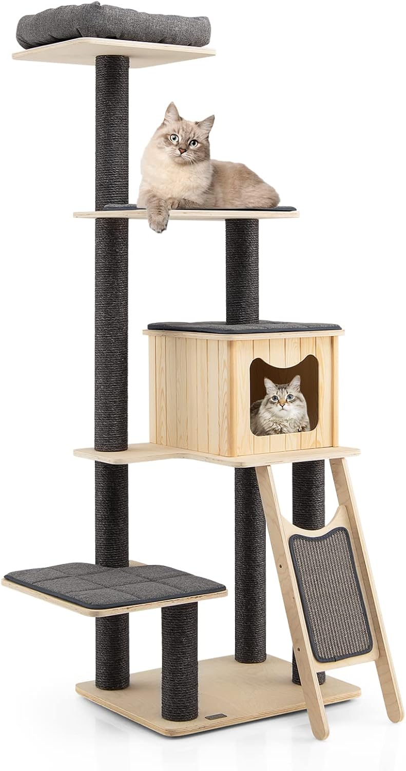 PETSITE 69" Tall Wooden Cat Tree Tower, Modern Cat Activity Center Tree with Sisal Posts & Scratch Board, Condo & Top Perch for Kitchen & Large Cat