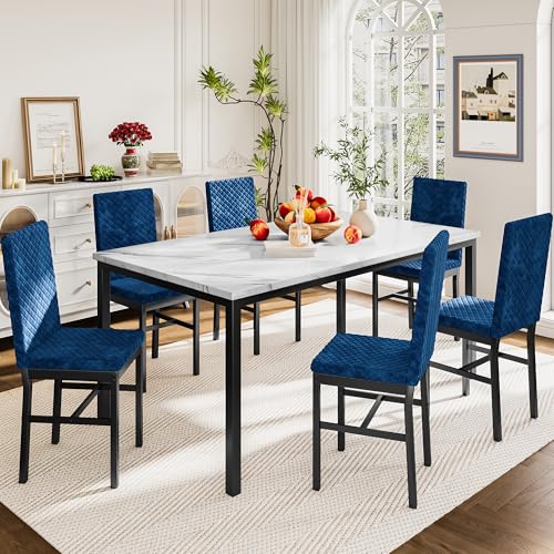 Recaceik Dining Table Set for 6, Faux Marble 7 Piece Dining Table Set with Chairs