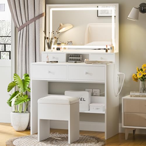 Haewon Vanity Desk with Lighted Mirror and Charging Station, Makeup Vanity Table Set with 4 Drawers and Storage Chair