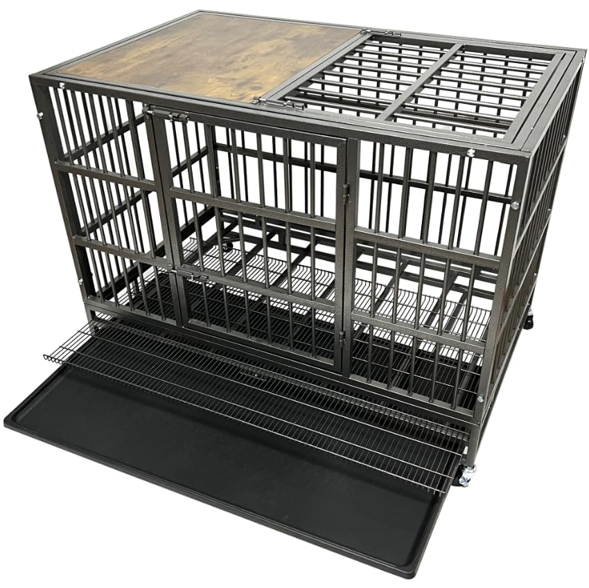 54/48/42/38 Inch Heavy Duty Dog Crate Cage with Stylish Woodtop, Indestructible Steel Kennel Indoor for High Anxiety Dogs with Sturdy Locks, Wheels