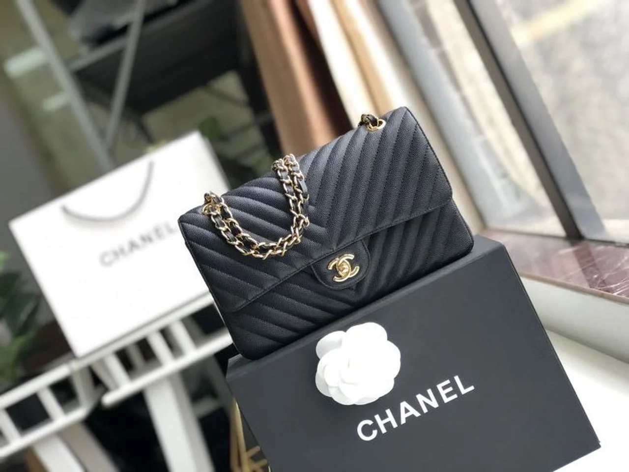 Chanel Chevron Classic Handbag Gold Toned Hardware Black For Women, Womens Bags, Shoulder And Crossbody Bags 10.2in/26cm