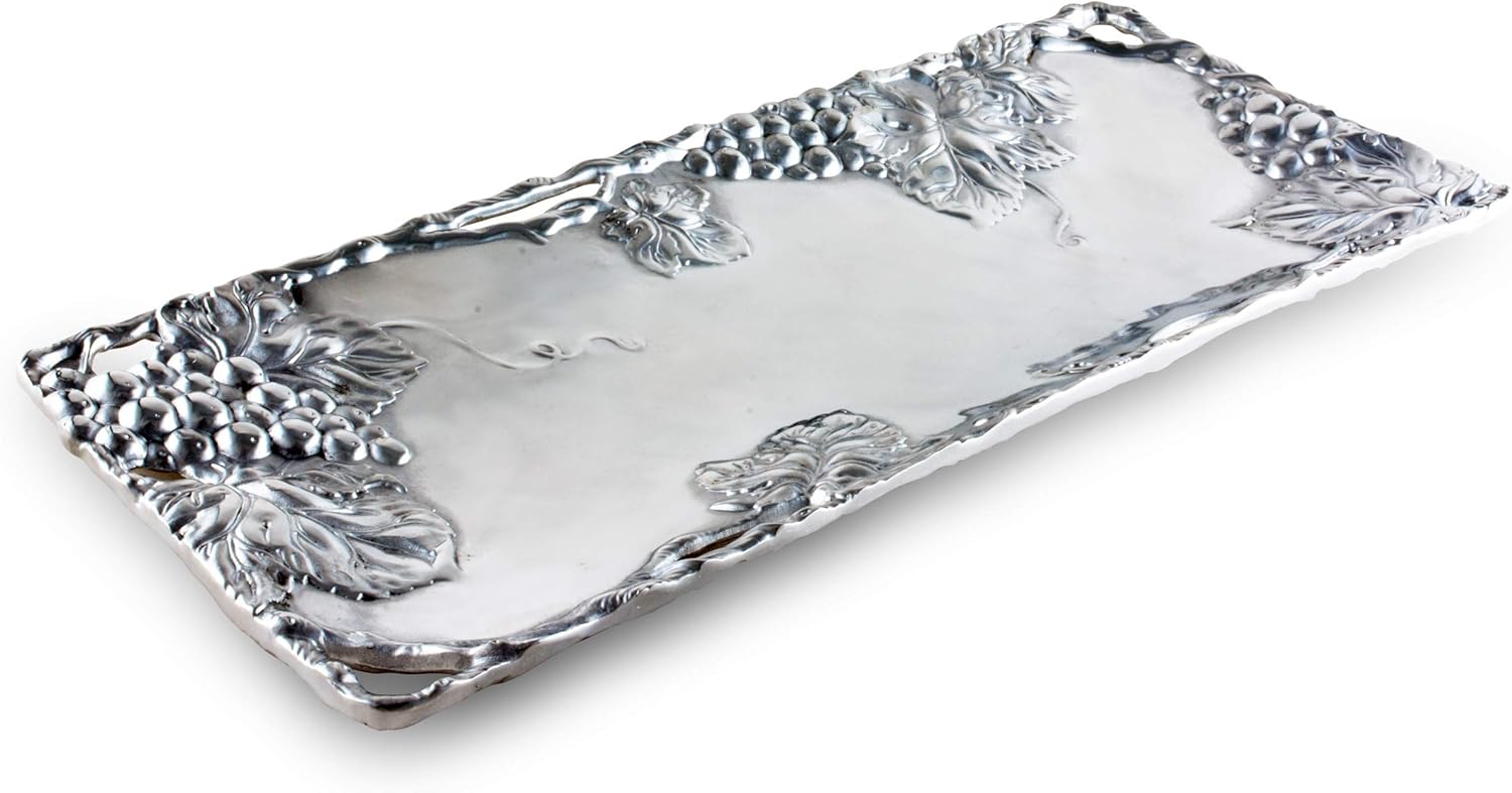 Arthur Court Metal Grapevine Oblong Serving Tray Grape Pattern Sand Casted in Aluminum with Artisan Quality Hand Polished Design Tarnish-Free 19 inch