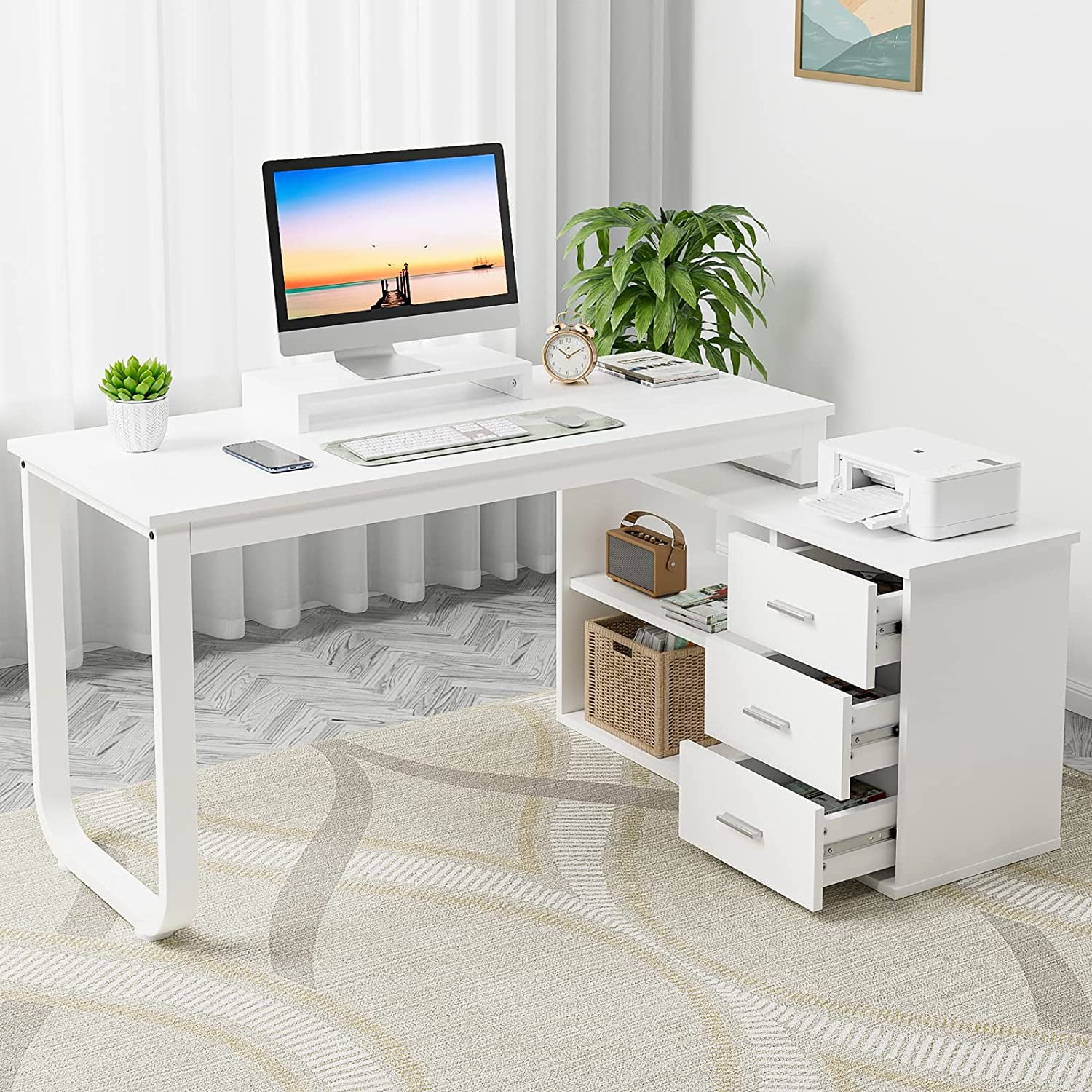 White L Shaped Desk with  Drawers  55 inch Reversible L Shaped Desk with 2 Shelves and Monitor Stand  L Shaped Computer Desk with  Cabinet for Small
