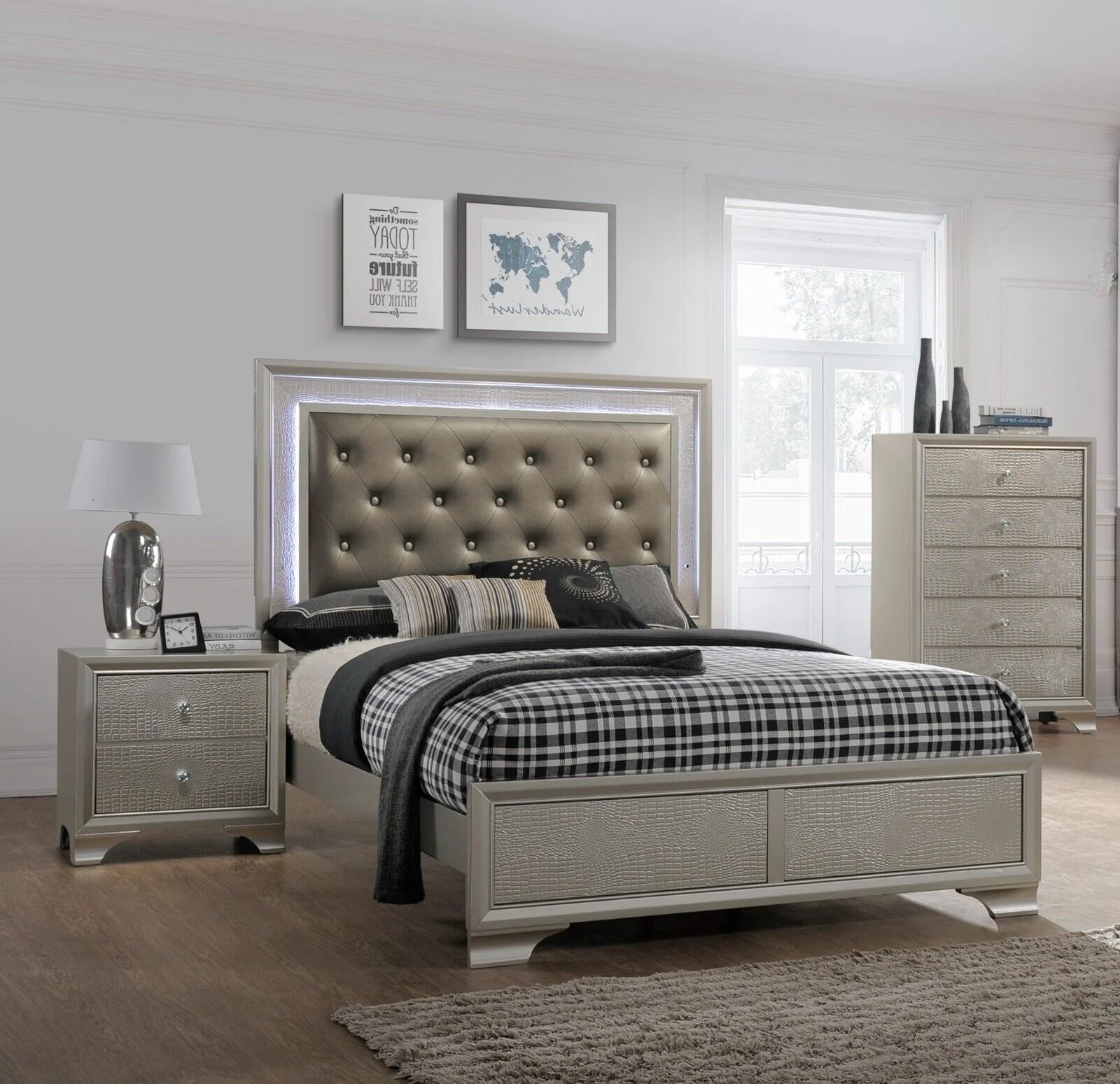 Modern 3pc Queen Size Upholstered LED Backlit HB Panel Bed Chest Nightstand Set Bedroom Furniture