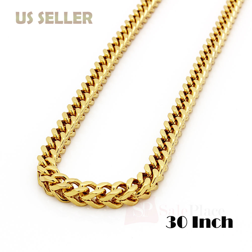 30" Mens Hip Hop 8mm Gold Stainless Steel Franco Cuban Box Chain Link Necklace