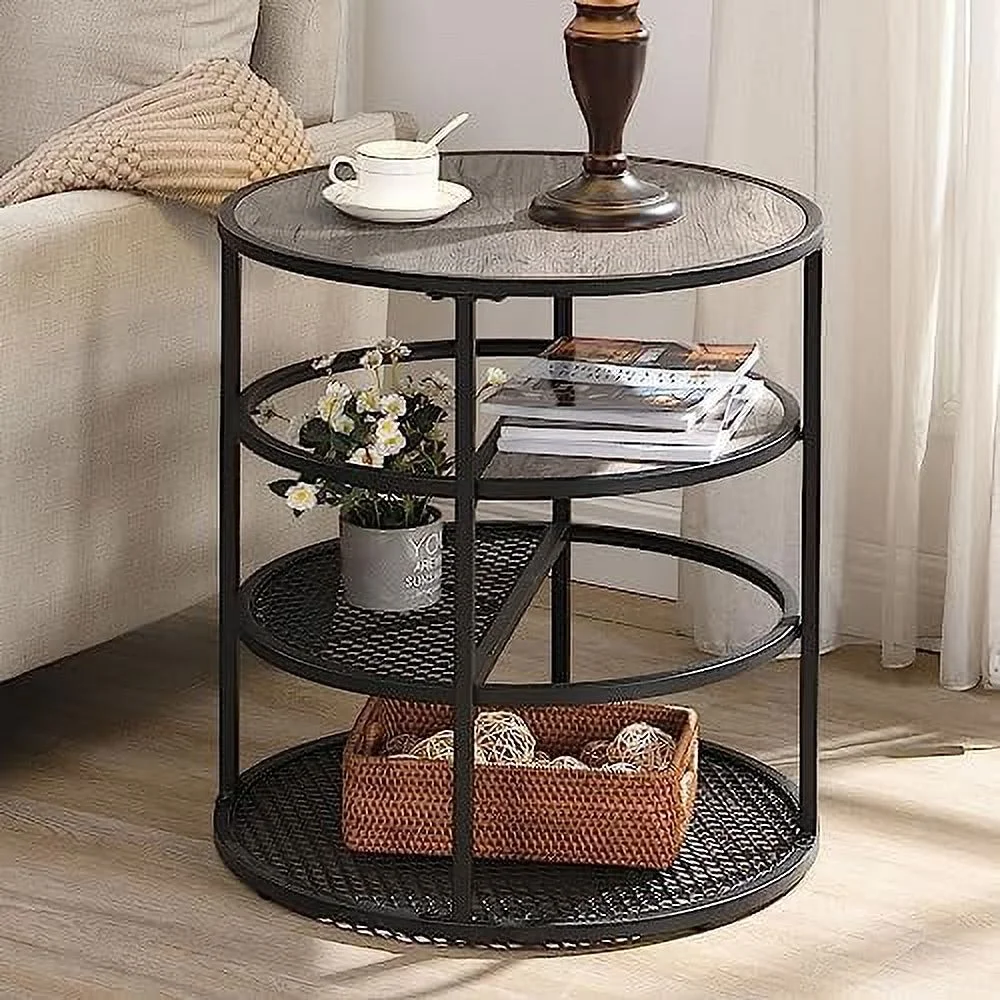 Round End Tables  4-Tiers Rustic Industrial Side Table  End Table with Wood Metal Frame Bedside Table for Bed Living Room Farmhouse  Brown