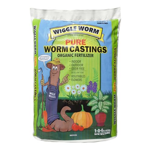 Wiggle Worm 100% Pure Organic Worm Castings Fertilizer, 30-Pounds - Improves Soil Fertility and Aeration for Houseplants, Vegetables, Gardens