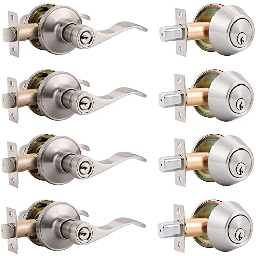 Keyed Entry Door Lock Set, Keyed Alike Single Cylinder Deadbolt with Wave Style Door Handle, Reversible Leverset for Bedroom, Front Door, Office