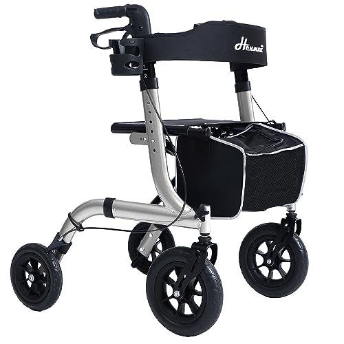 Rollator Walker for Seniors, Lightweight Foldable All Terrain Rolling Walker with seat, Aluminum Walkers with 10 inch Rubber Wheels
