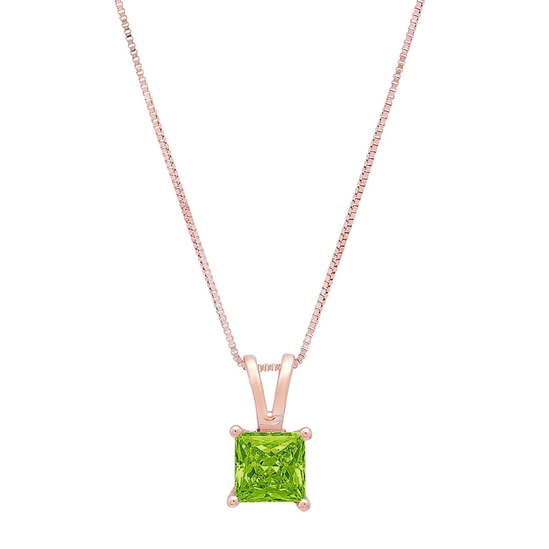 1.5 ct Brilliant Princess Cut Solitaire Natural Peridot 18K Rose Gold Pendant with 16" Chain