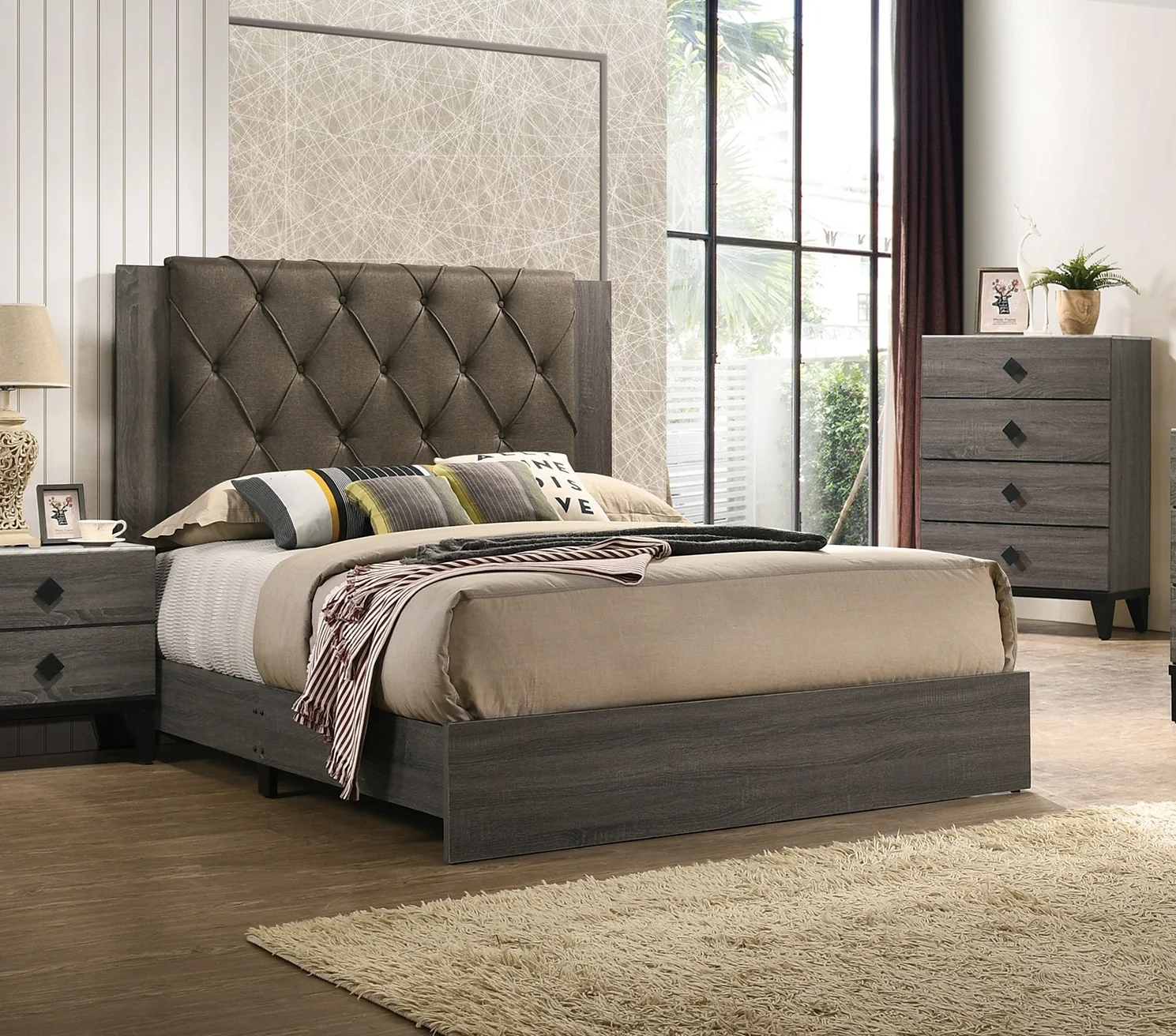 Transitional Style Upholster Tufted Headboard California King Size Bed 2x Nightstands Unique Handles 3pc Bedroom Furniture Gray