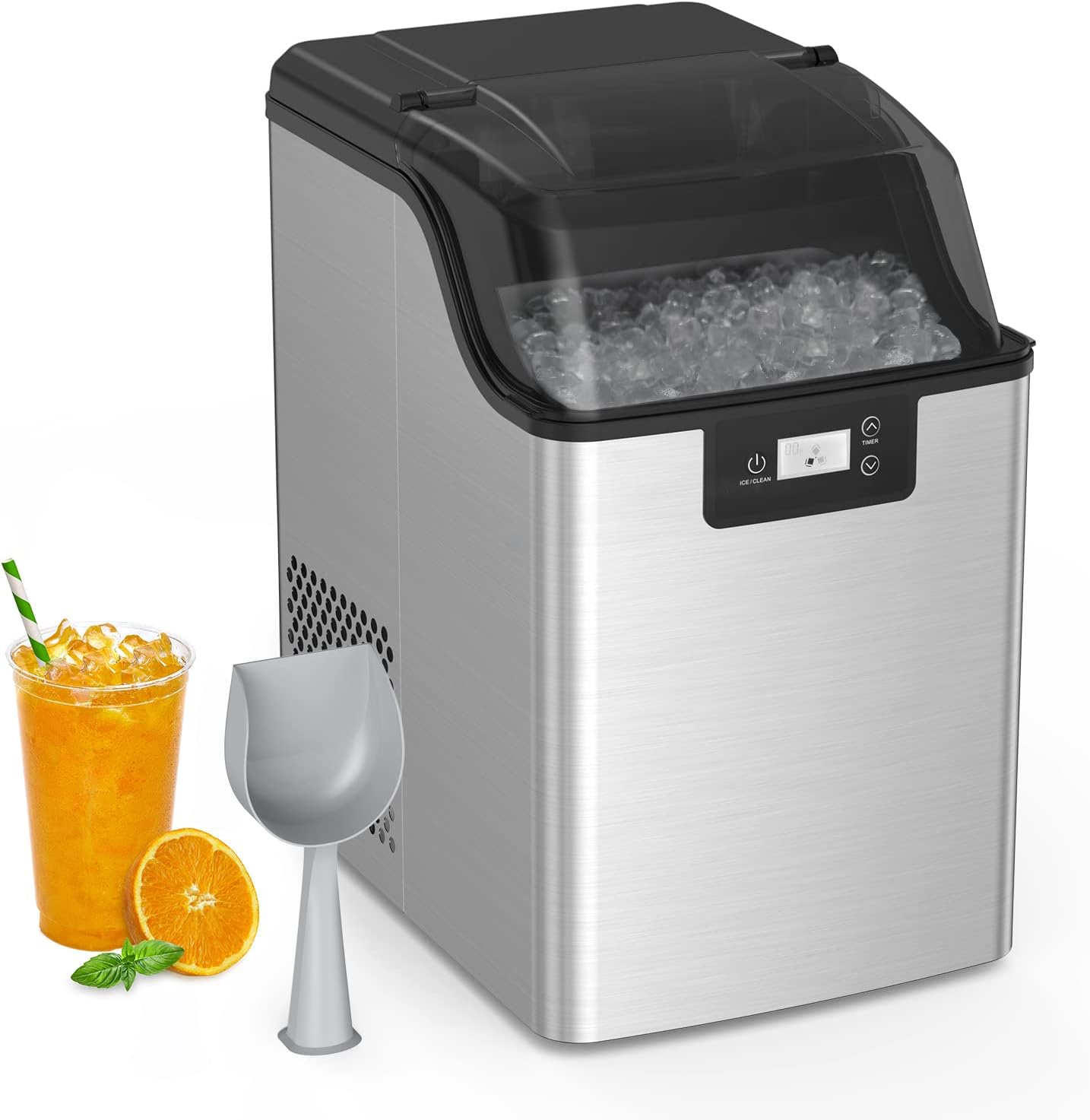 Nugget Ice Maker, Ice-Making of 44lbs/24h, Crushed Ice Maker Machine with Self-Cleaning, Low Noise Countertop Ice Maker, Stainless Steel