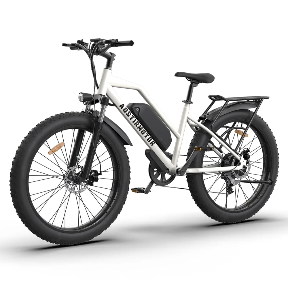 CLEARANCE! 26 750W Electric Bike Fat Tire P7 48V 13AH Removable Lithium Battery for Adults Girls with Detachable Rear Rack Fender(White)