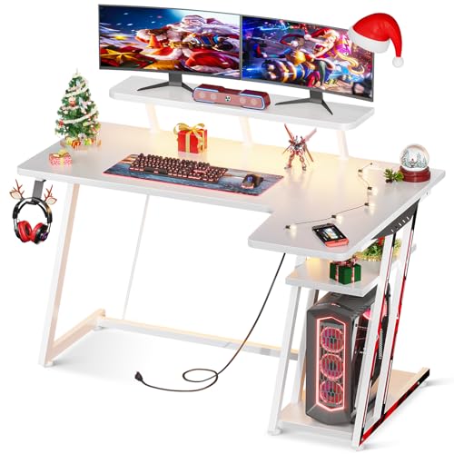 MOTPK Gaming Desk with LED Lights & Power Outlets, 55 Inch L Shaped Gaming Computer Desk with Storage Shelf, Gamer Desk with Monitor Stand