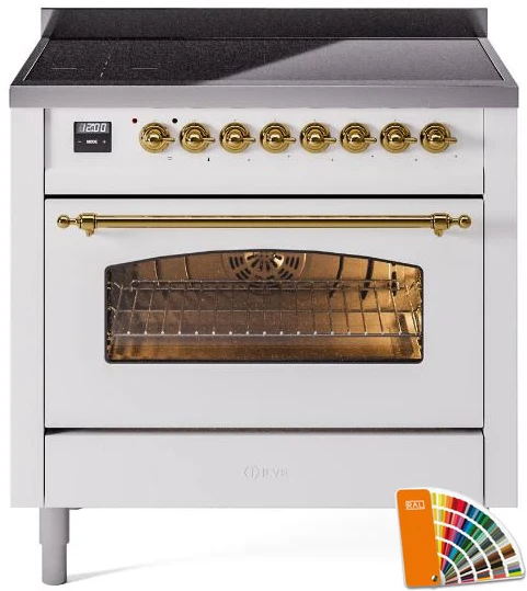 ILVE Nostalgie II 36 Induction Range with Element Stove and Electric Oven in RAL Custom Color with Brass Trim, UPI366NMPRAG