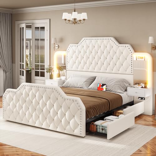 Itaar Queen Bed Frame with 53" Tall Headboard and 4 Storage Drawers, PU Leather Upholstered Platform Bed Frame, Built in Charging Station & Led