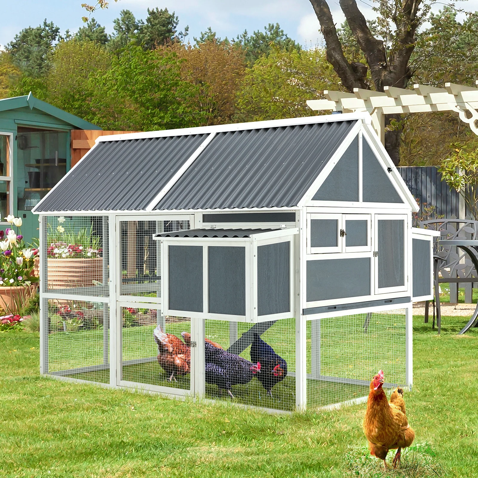 YODOLLA 84” Large Chicken Coop Outdoor Wooden Hen House Poultry Cage with 2 Nesting Boxes & Removable Tray,Gray - Curated Treasures Market