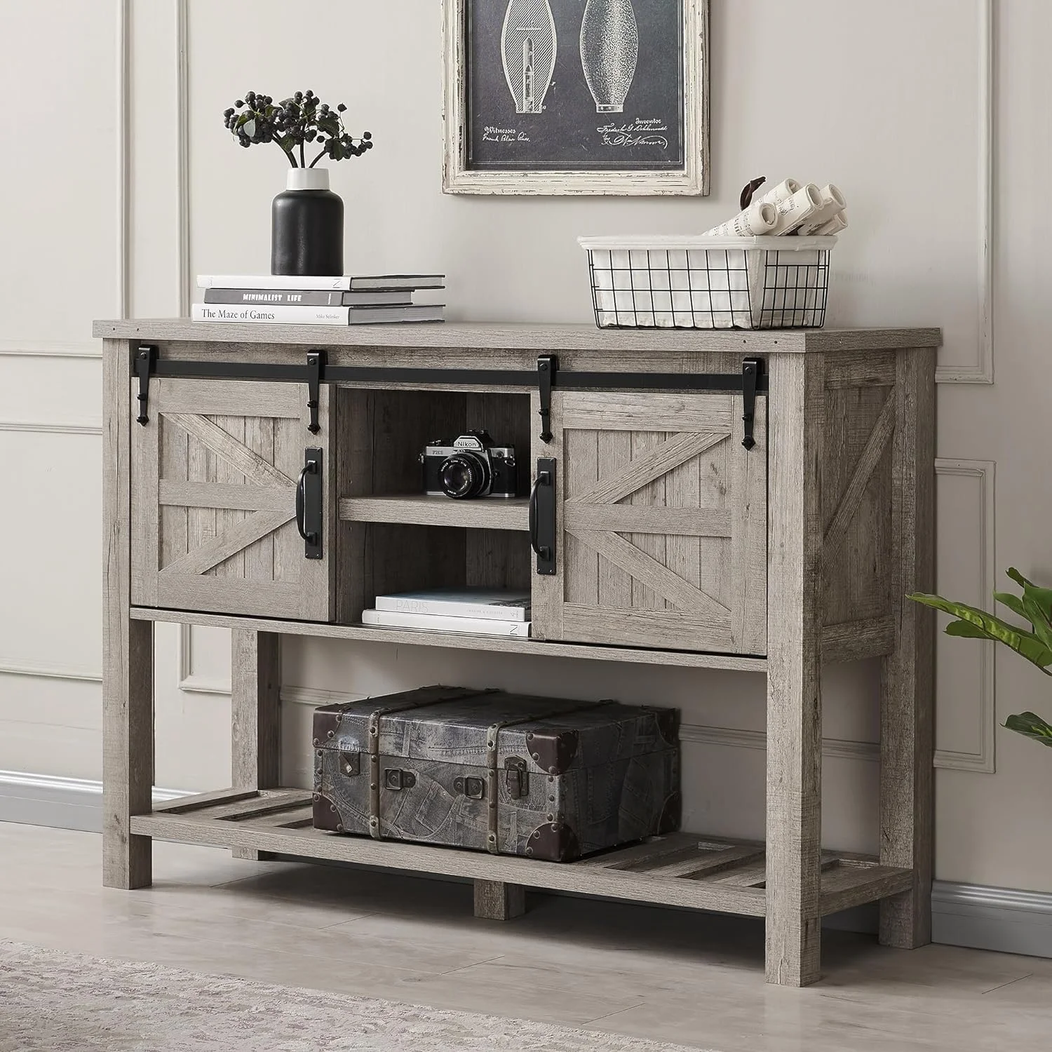 Console Table with Sliding Barn Doors, 46" Farmhouse Entryway Table with Adjustable Storage Shelf, Rustic Sofa Couch Table for Hallway, Entry Way