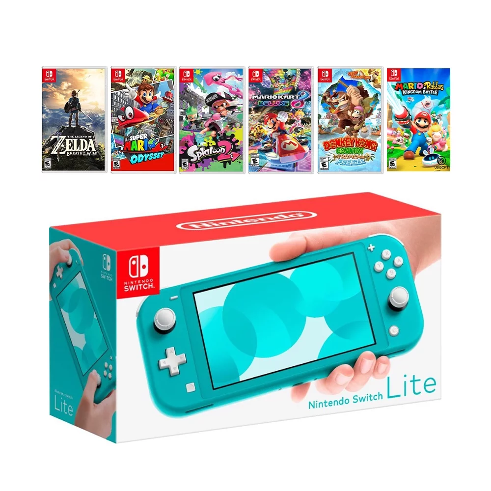 New Nintendo Switch Lite Turquoise Console Bundle with 6 Games: The Legend of Zelda: Breath of the Wild, Super Mario Odyssey, Splatoon 2