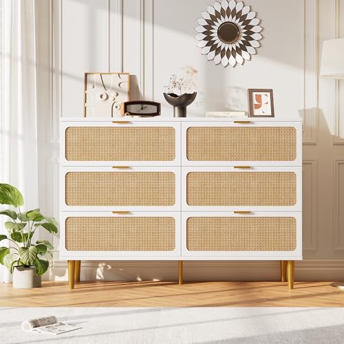Rattan 5 Drawer Dressers for Bedroom, Tall Dresser with Deep Drawers, Large Chest of Drawers for Closet with Wide Top