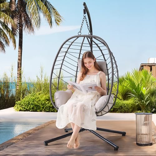Hanging Egg Chair with Stand, Outdoor Indoor Egg Swing Chair with Cushion Headrest, Wicker Rattan Egg Chair with Dual Chains